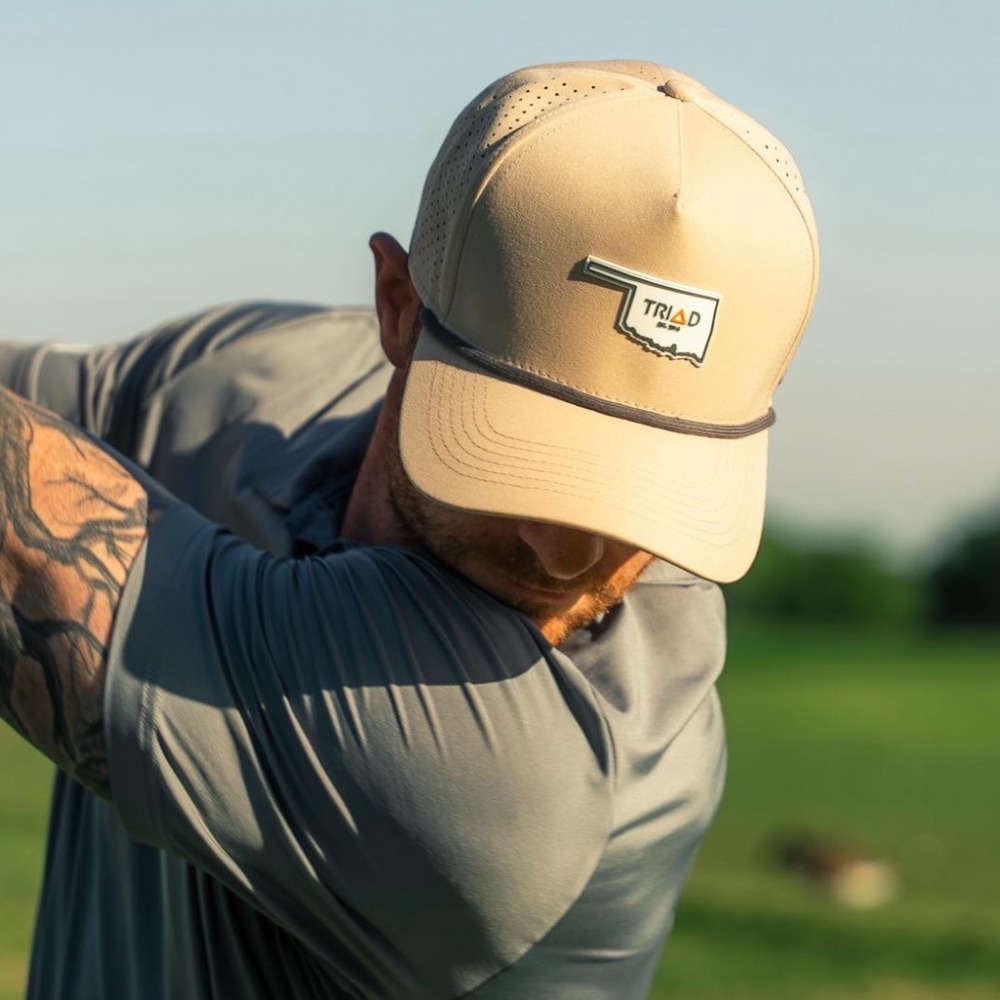 Barkie Golf Triad Oklahoma Snapback Hat Tan Perforated Rope Trucker Cap